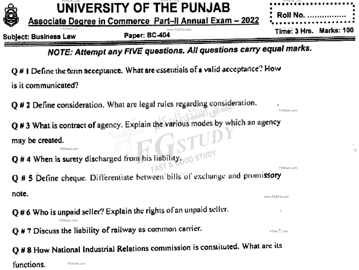 B Com Part 2 Business Law Past Paper 2022 Punjab University