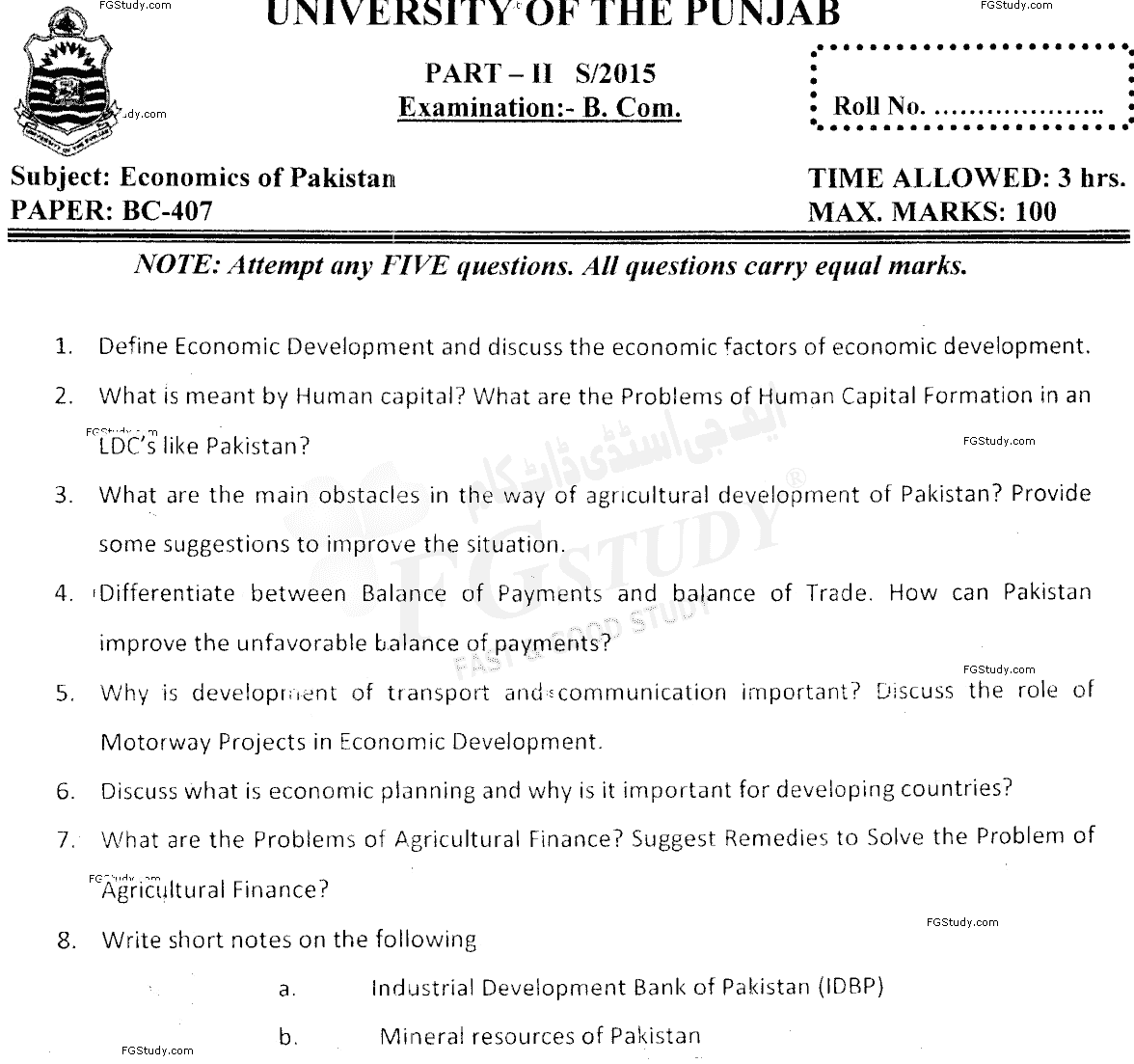 B Com Part 2 Economics Of Pakistan Past Paper 2015 Punjab University