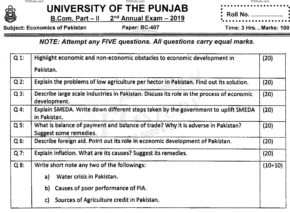 B Com Part 2 Economics Of Pakistan Past Paper 2019 Punjab University