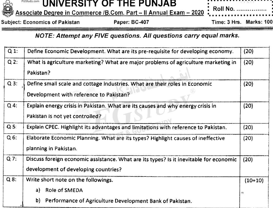 B Com Part 2 Economics Of Pakistan Past Paper 2020 Punjab University