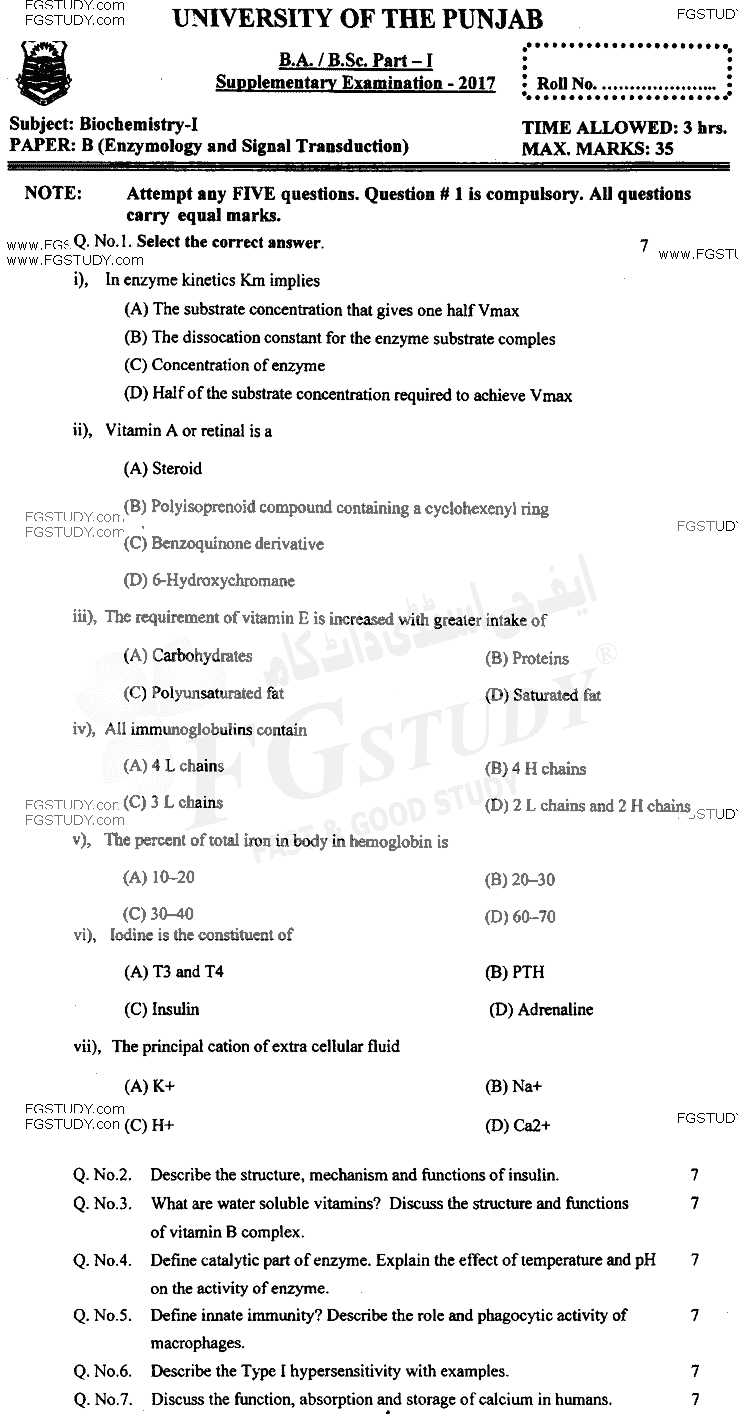 BSc Part 1 Biochemistry 1 Enzymology And Signal Transduction Past Paper 2017 Punjab University