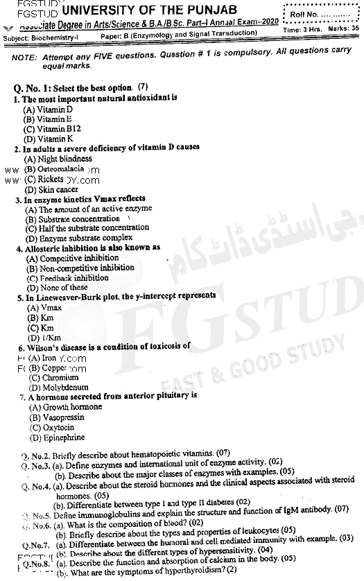BSc Part 1 Biochemistry 1 Enzymology And Signal Transduction Past Paper 2020 Punjab University