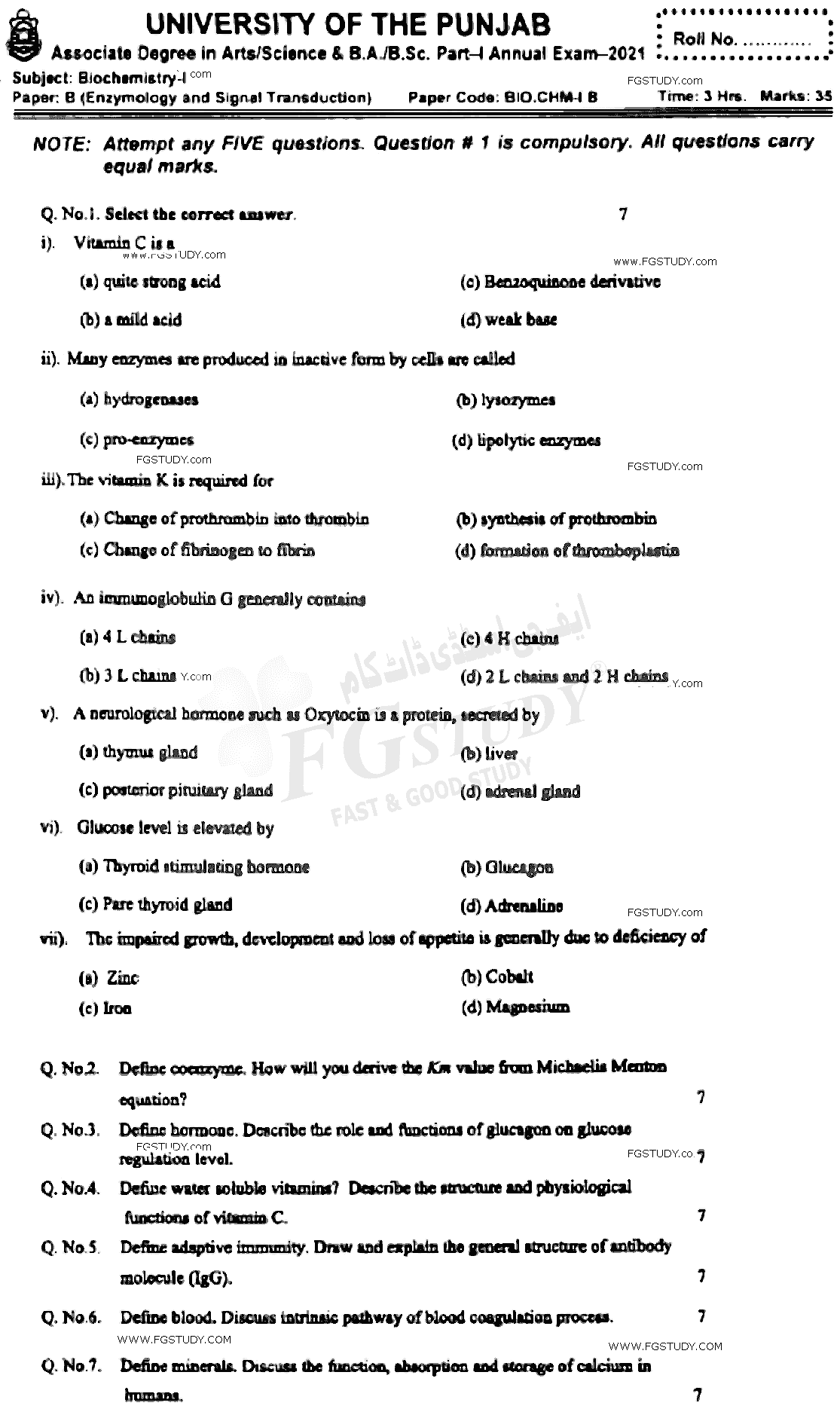 BSc Part 1 Biochemistry 1 Enzymology And Signal Transduction Past Paper 2021 Punjab University Subjective