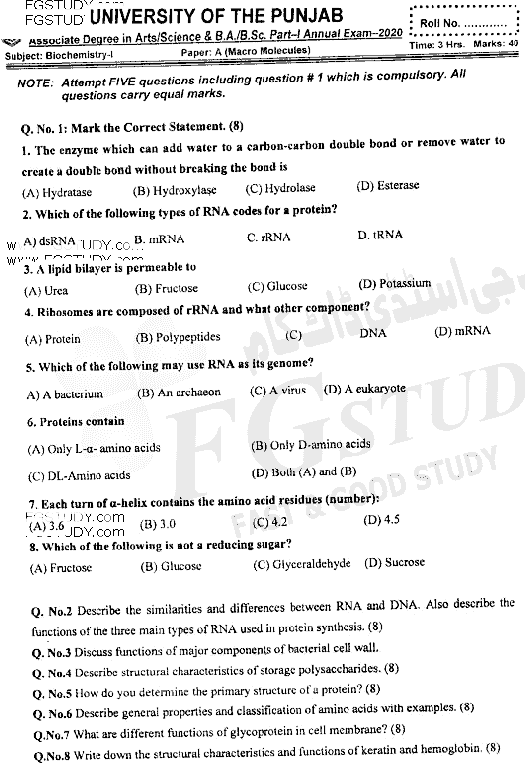 BSc Part 1 Biochemistry 1 Macro Molecules Past Paper 2020 Punjab University