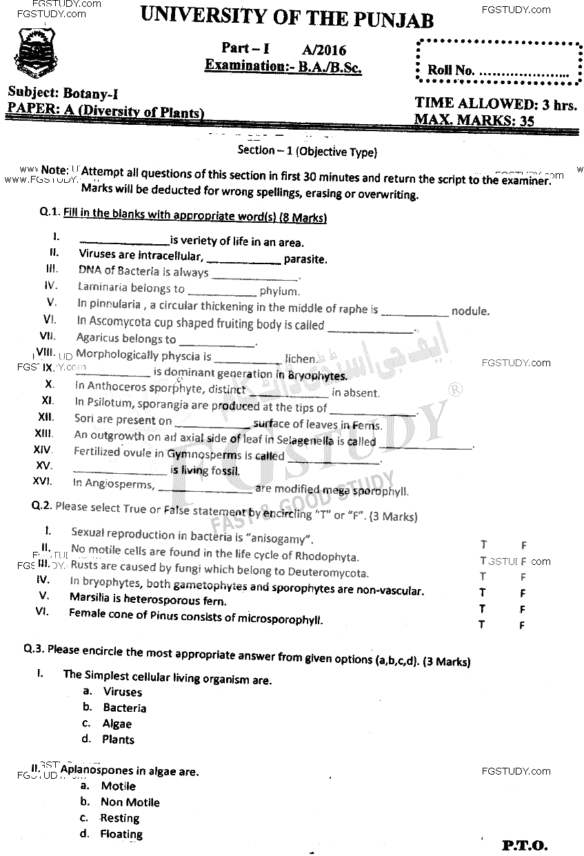 BSc Part 1 Botany 1 Diversity Of Plants Past Paper 2016 Punjab University Objective