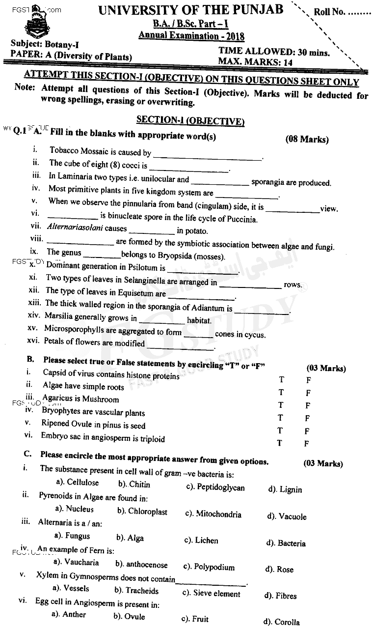 BSc Part 1 Botany 1 Diversity Of Plants Past Paper 2018 Punjab University Objective