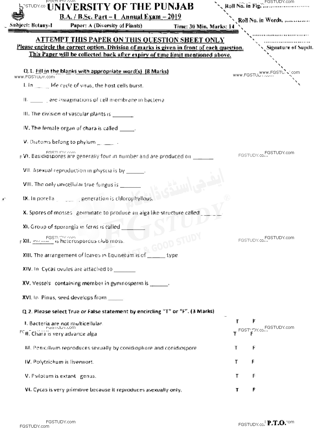 BSc Part 1 Botany 1 Diversity Of Plants Past Paper 2019 Punjab University Objective
