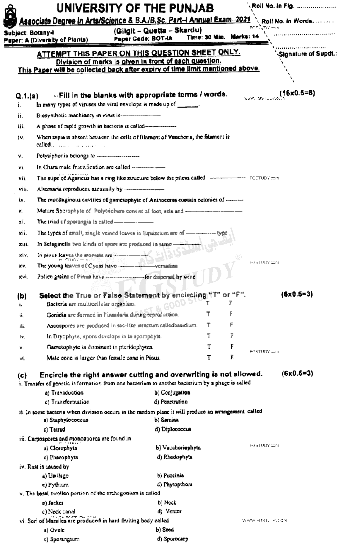 BSc Part 1 Botany 1 Diversity Of Plants Past Paper 2021 Punjab University Objective