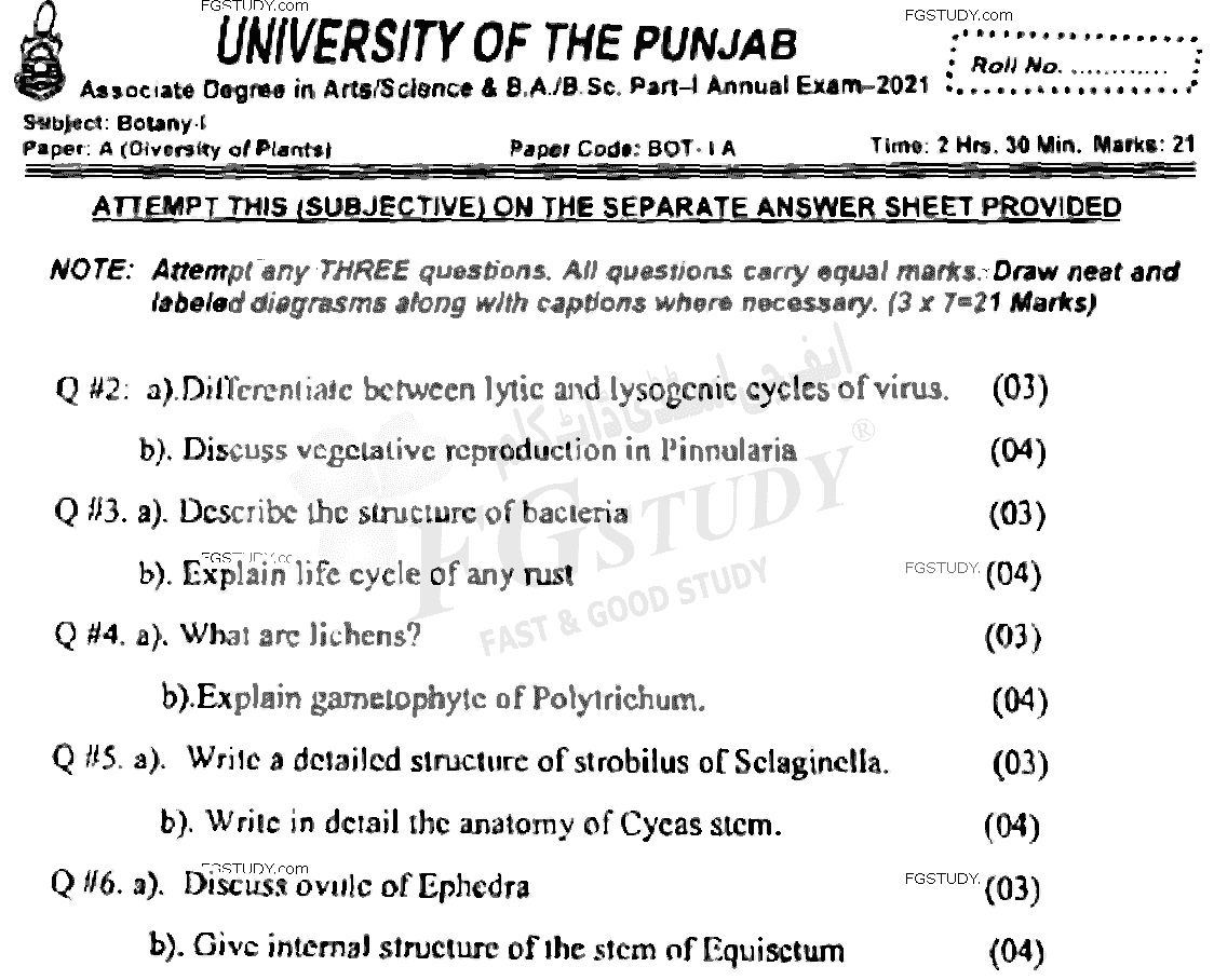 BSc Part 1 Botany 1 Diversity Of Plants Past Paper 2021 Punjab University Subjective