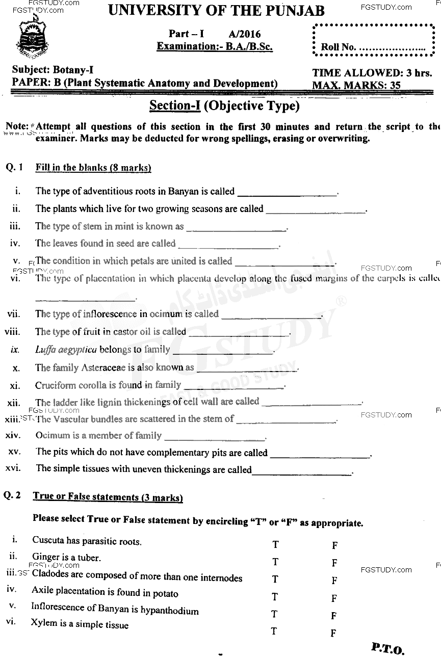 BSc Part 1 Botany 1 Plant Systematics Anatomy And Development Past Paper 2016 Punjab University Objective
