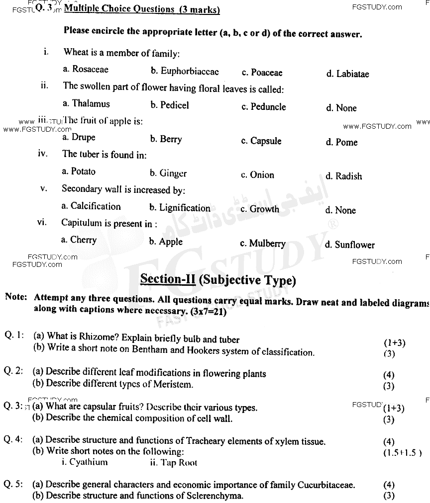 BSc Part 1 Botany 1 Plant Systematics Anatomy And Development Past Paper 2016 Punjab University Subjective