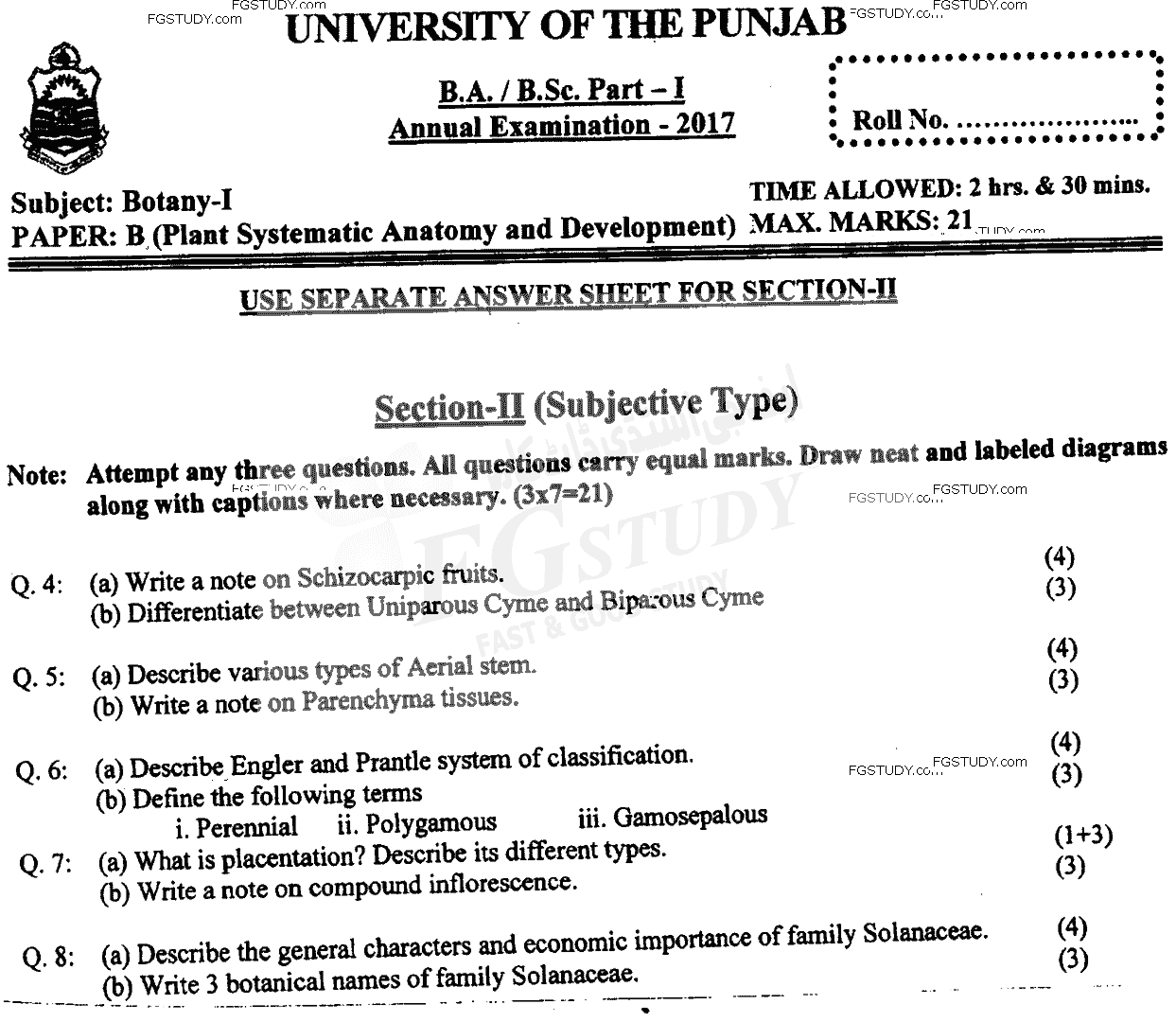 BSc Part 1 Botany 1 Plant Systematics Anatomy And Development Past Paper 2017 Punjab University Subjective
