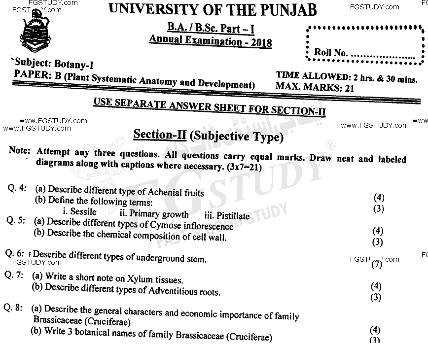 BSc Part 1 Botany 1 Plant Systematics Anatomy And Development Past Paper 2018 Punjab University Subjective