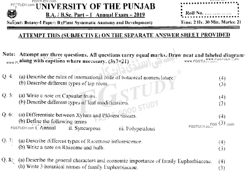 BSc Part 1 Botany 1 Plant Systematics Anatomy And Development Past Paper 2019 Punjab University Subjective