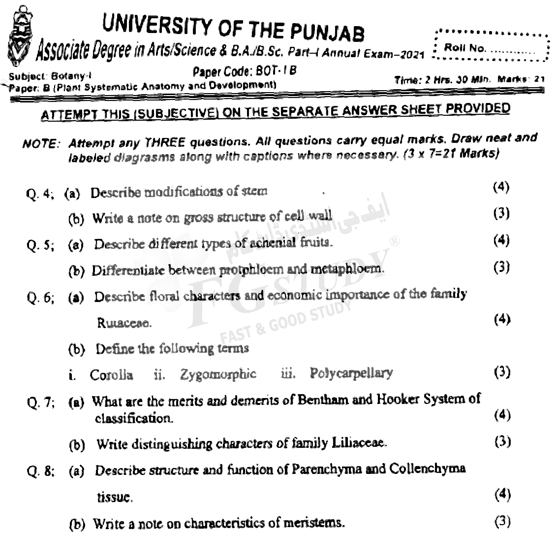 BSc Part 1 Botany 1 Plant Systematics Anatomy And Development Past Paper 2021 Punjab University Subjective