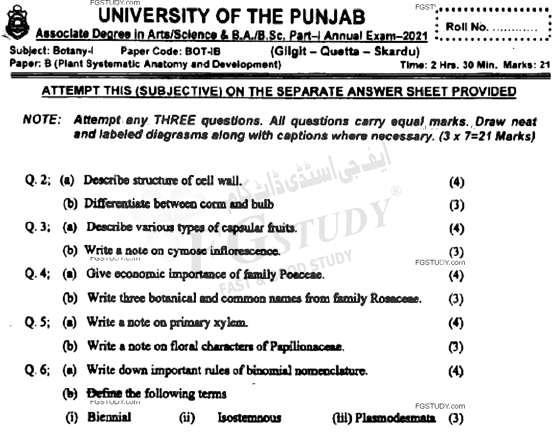 BSc Part 1 Botany 1 Plant Systematics Anatomy And Development Past Paper 2021 Punjab University Subjective