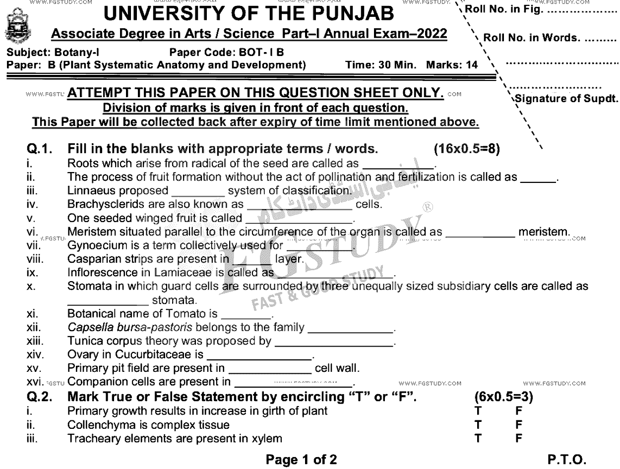 BSc Part 1 Botany 1 Plant Systematics Anatomy And Development Past Paper 2022 Punjab University Objective