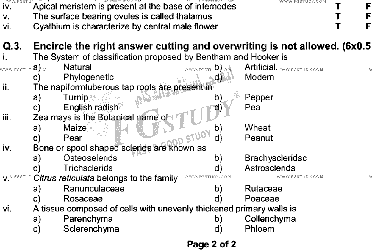BSc Part 1 Botany 1 Plant Systematics Anatomy And Development Past Paper 2022 Punjab University Objective