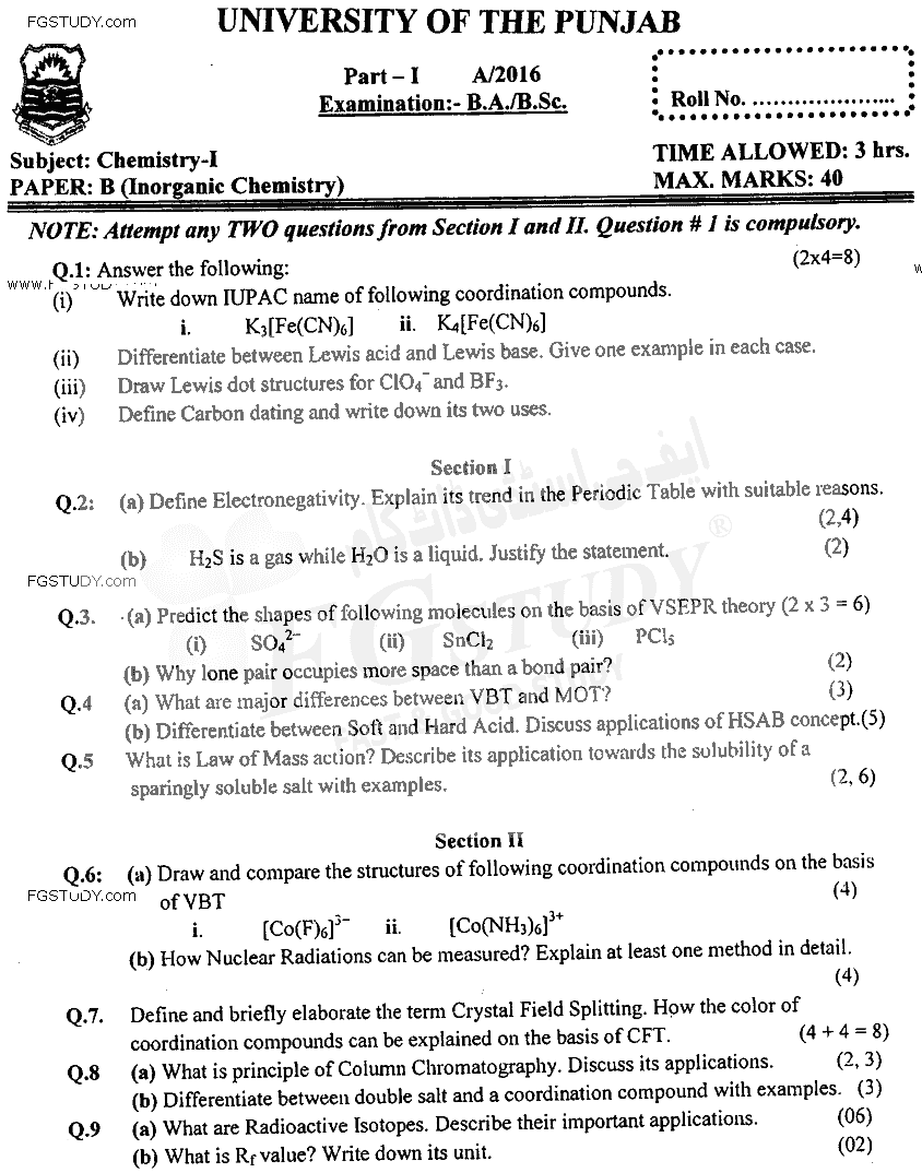 BSc Part 1 Chemistry 1 Inorganic Chemistry Past Paper 2016 Punjab University