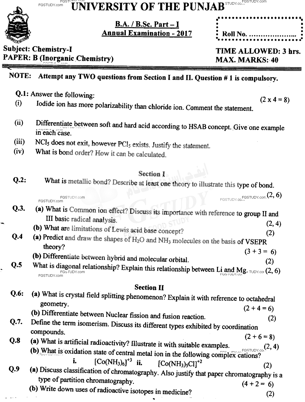 BSc Part 1 Chemistry 1 Inorganic Chemistry Past Paper 2017 Punjab University