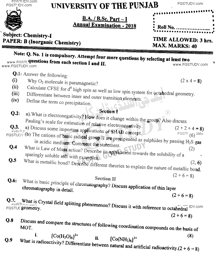 BSc Part 1 Chemistry 1 Inorganic Chemistry Past Paper 2018 Punjab University