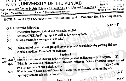 BSc Part 1 Chemistry 1 Inorganic Chemistry Past Paper 2020 Punjab University
