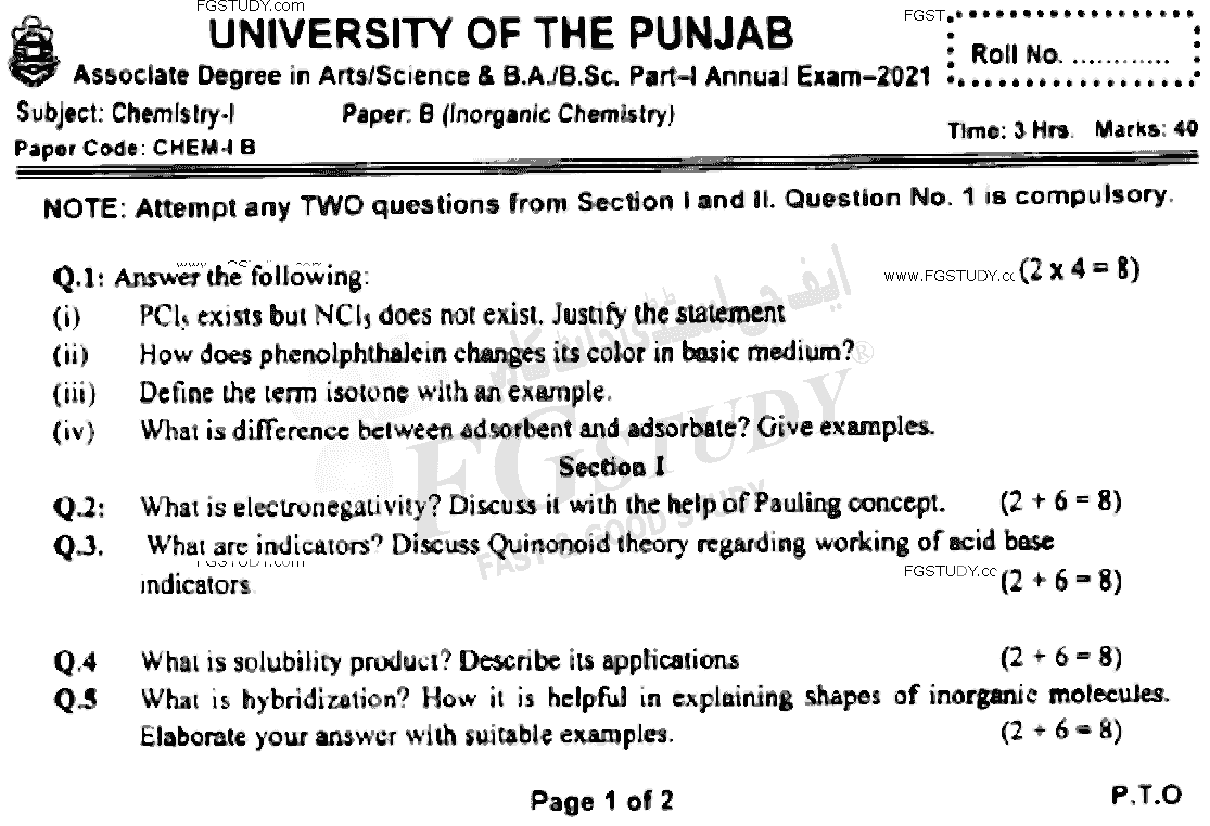 BSc Part 1 Chemistry 1 Inorganic Chemistry Past Paper 2021 Punjab University Subjective