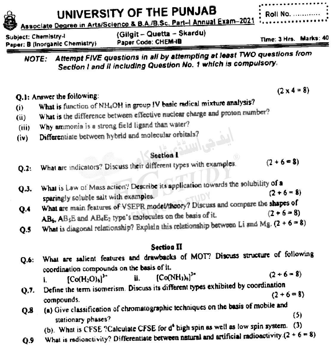BSc Part 1 Chemistry 1 Inorganic Chemistry Past Paper 2021 Punjab University Subjective