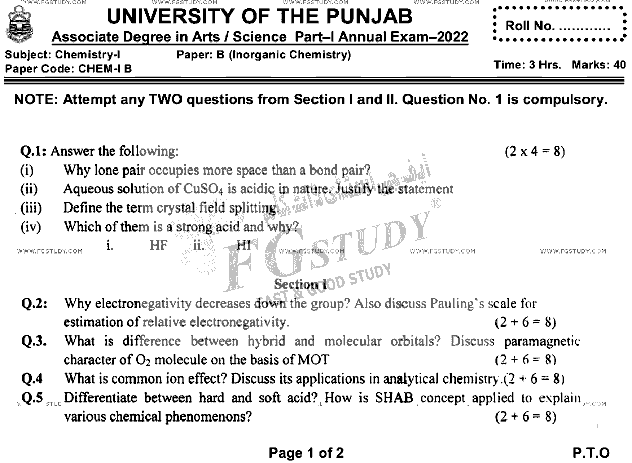 BSc Part 1 Chemistry 1 Inorganic Chemistry Past Paper 2022 Punjab University