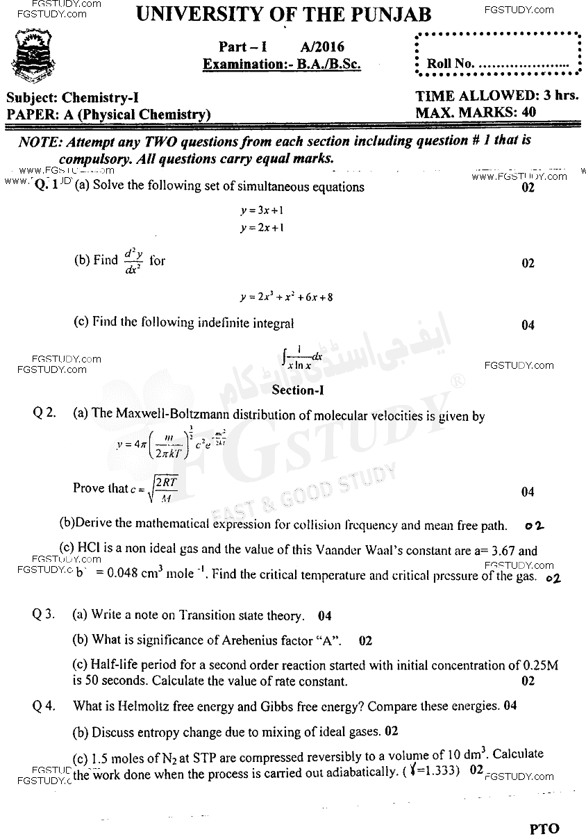 BSc Part 1 Chemistry 1 Physical Chemistry Past Paper 2016 Punjab University