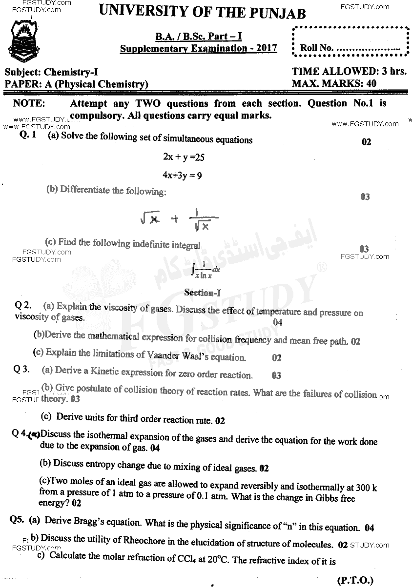 BSc Part 1 Chemistry 1 Physical Chemistry Past Paper 2017 Punjab University