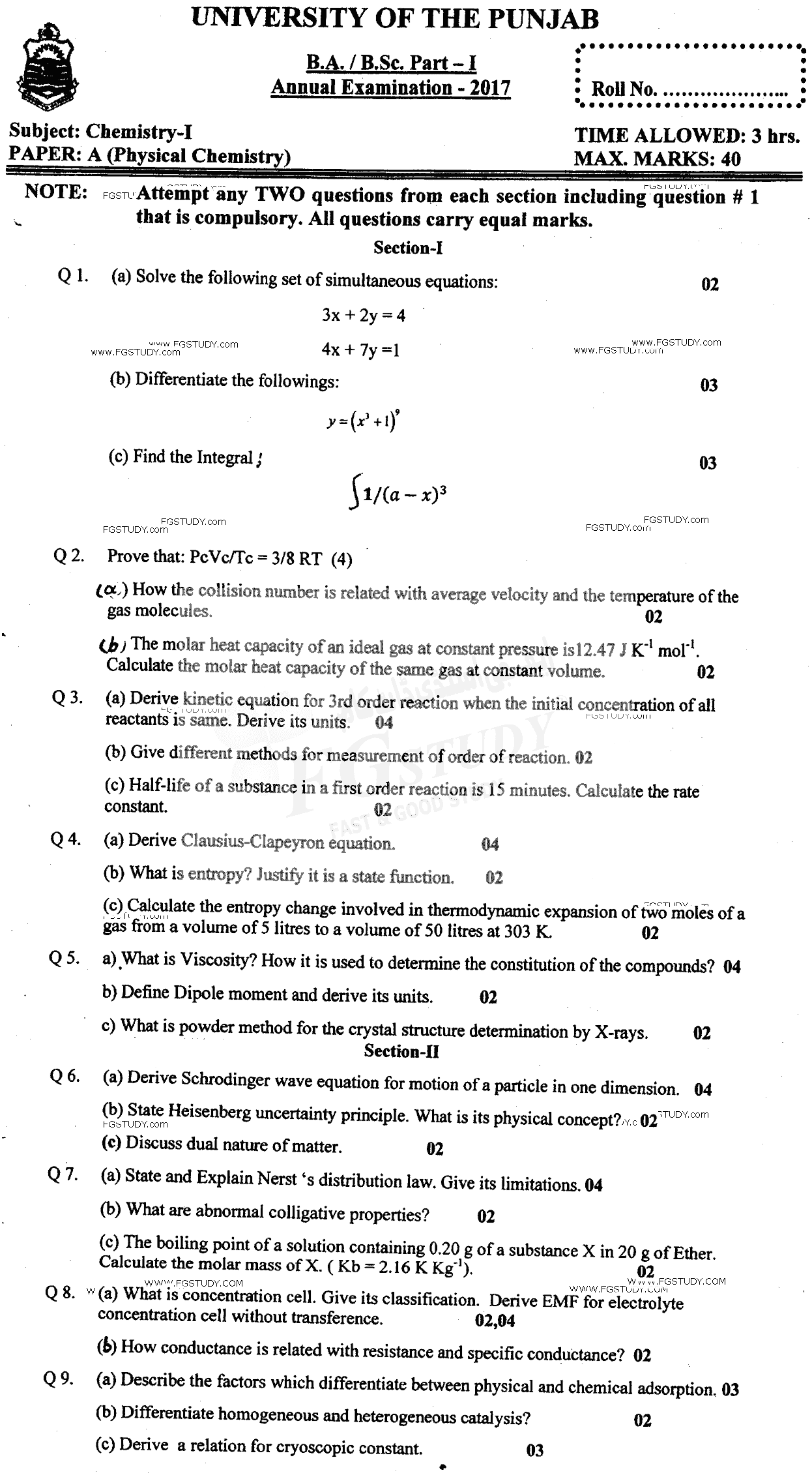 BSc Part 1 Chemistry 1 Physical Chemistry Past Paper 2017 Punjab University