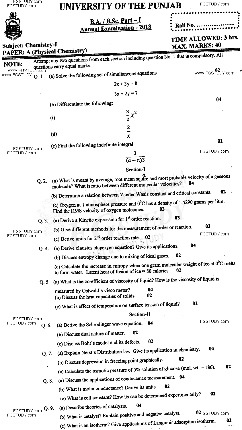 BSc Part 1 Chemistry 1 Physical Chemistry Past Paper 2018 Punjab University