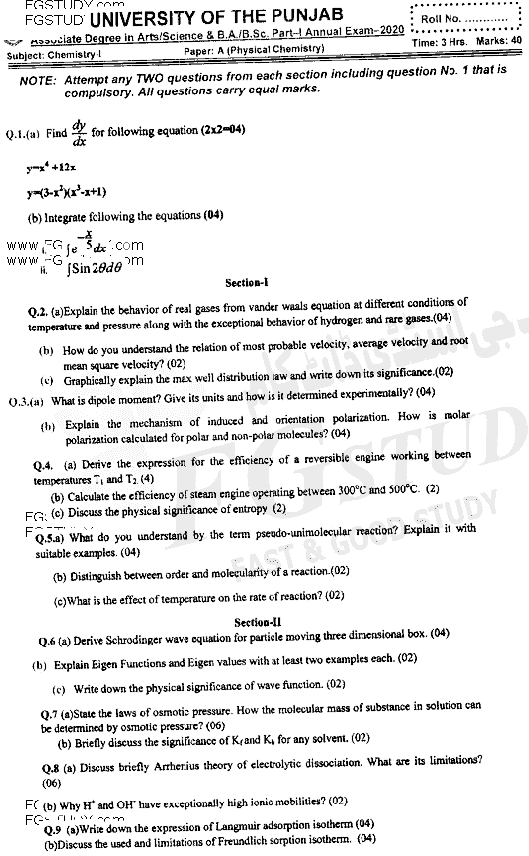 BSc Part 1 Chemistry 1 Physical Chemistry Past Paper 2020 Punjab University