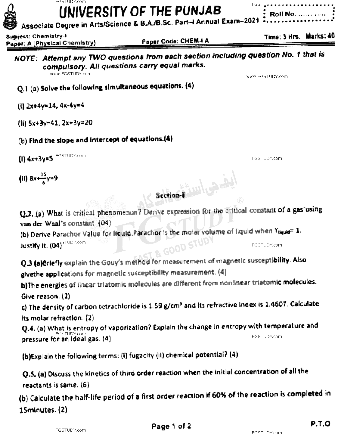 BSc Part 1 Chemistry 1 Physical Chemistry Past Paper 2021 Punjab University Subjective