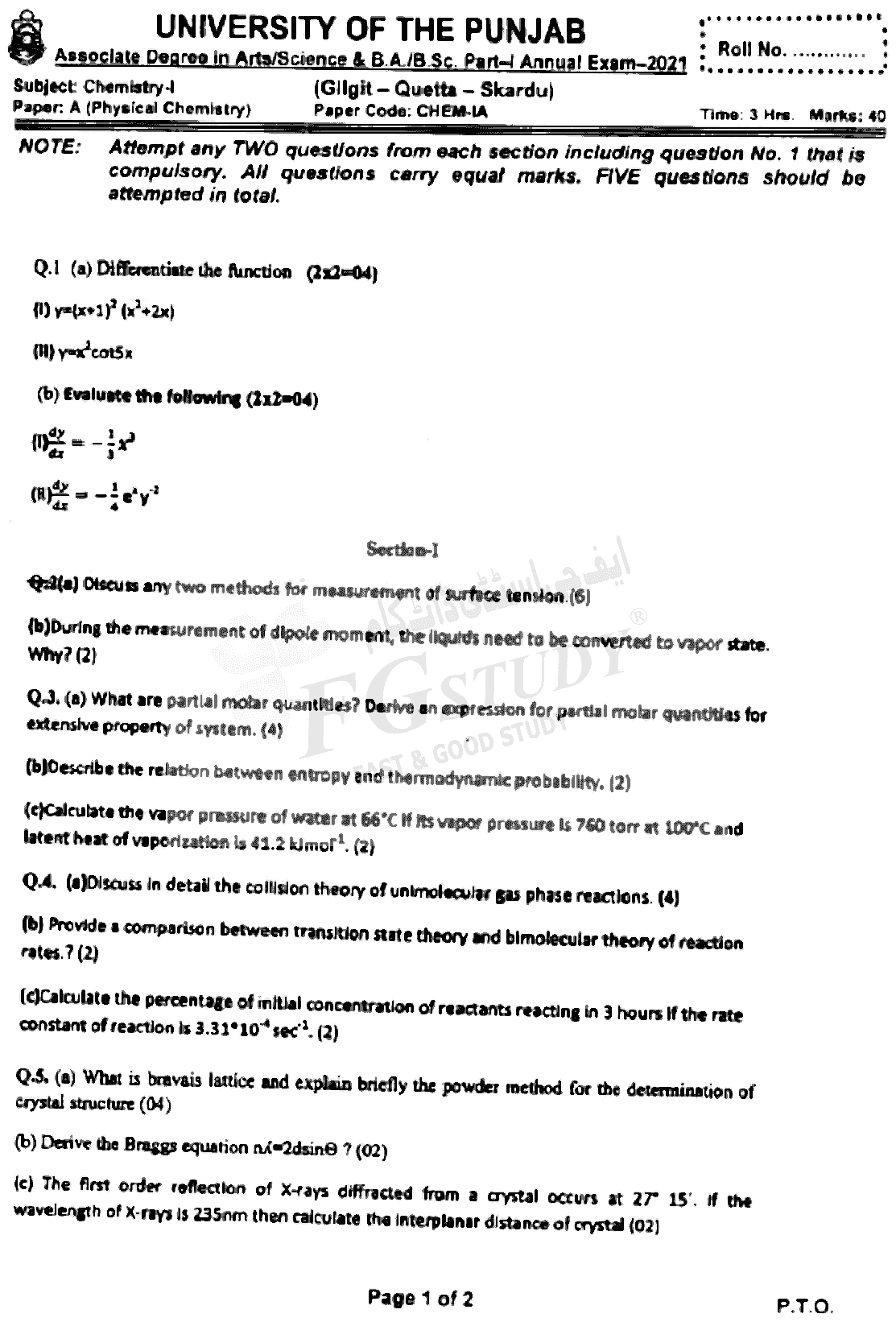 BSc Part 1 Chemistry 1 Physical Chemistry Past Paper 2021 Punjab University Subjective