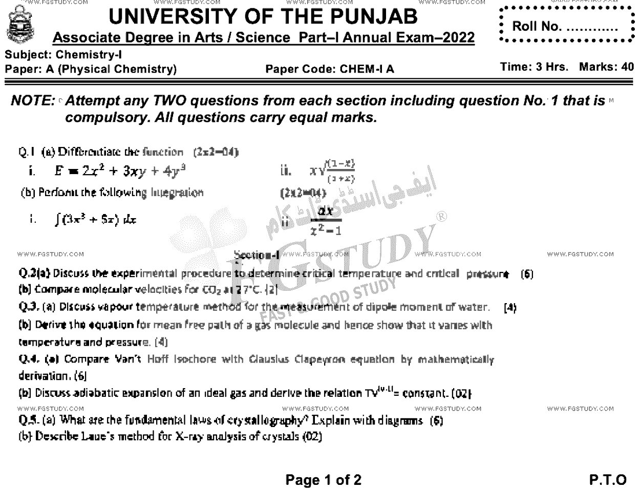 BSc Part 1 Chemistry 1 Physical Chemistry Past Paper 2022 Punjab University Subjective