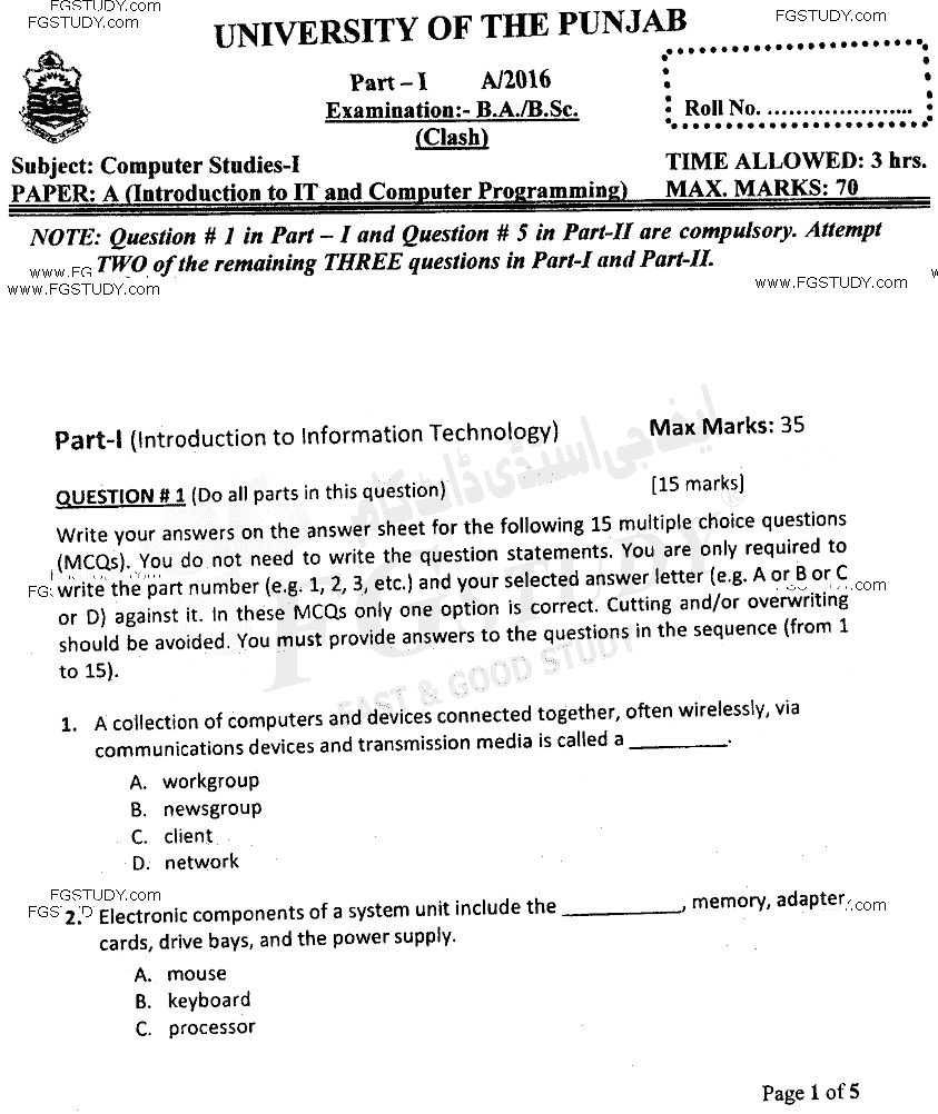 BSc Part 1 Computer Studies 1 Introduction To Information Technology And Computer Programming Past Paper 2016 Punjab University Objective