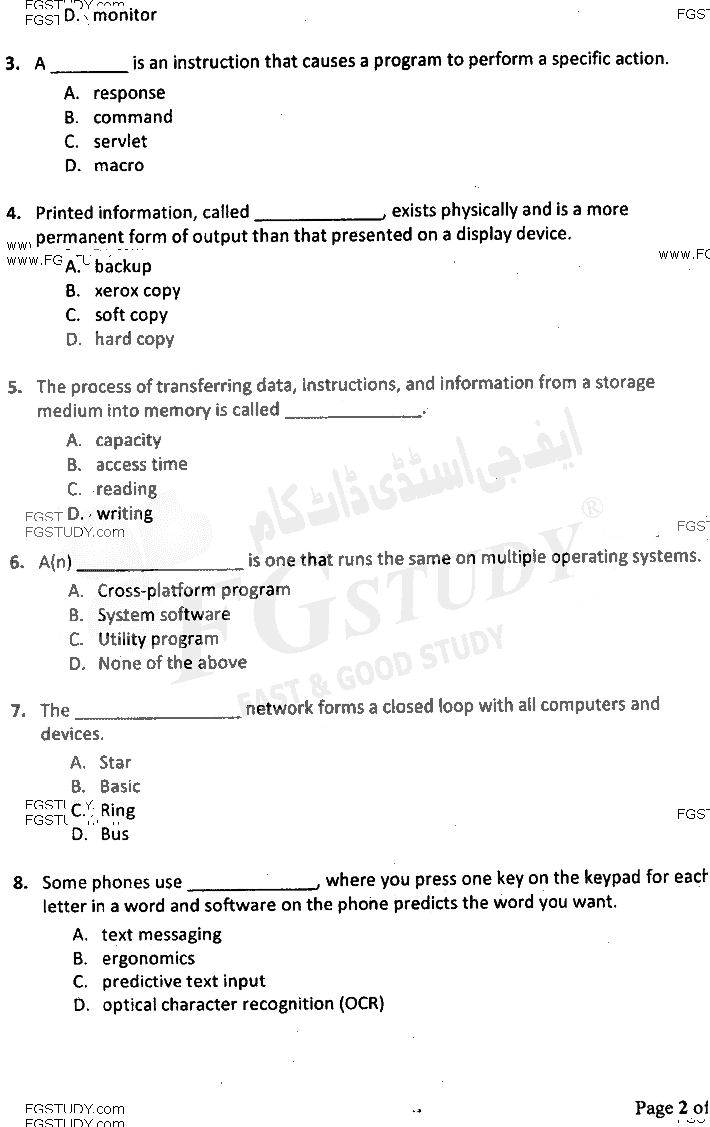BSc Part 1 Computer Studies 1 Introduction To Information Technology And Computer Programming Past Paper 2016 Punjab University Objective