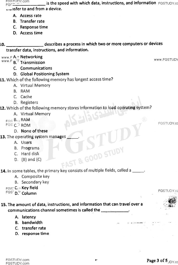 BSc Part 1 Computer Studies 1 Introduction To Information Technology And Computer Programming Past Paper 2016 Punjab University Objective