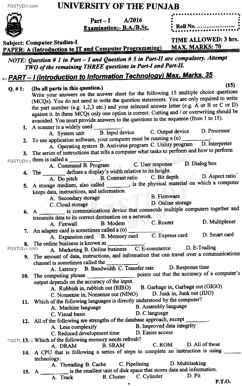 BSc Part 1 Computer Studies 1 Introduction To Information Technology And Computer Programming Past Paper 2016 Punjab University Objective