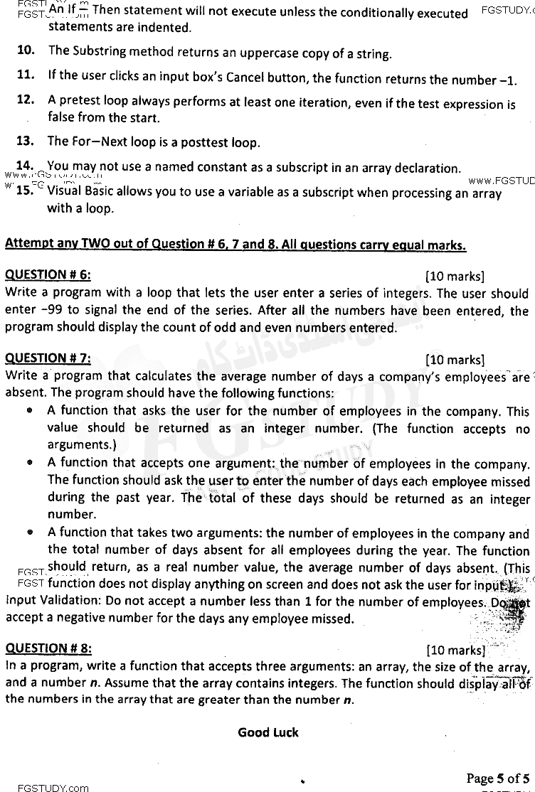 BSc Part 1 Computer Studies 1 Introduction To Information Technology And Computer Programming Past Paper 2016 Punjab University Subjective