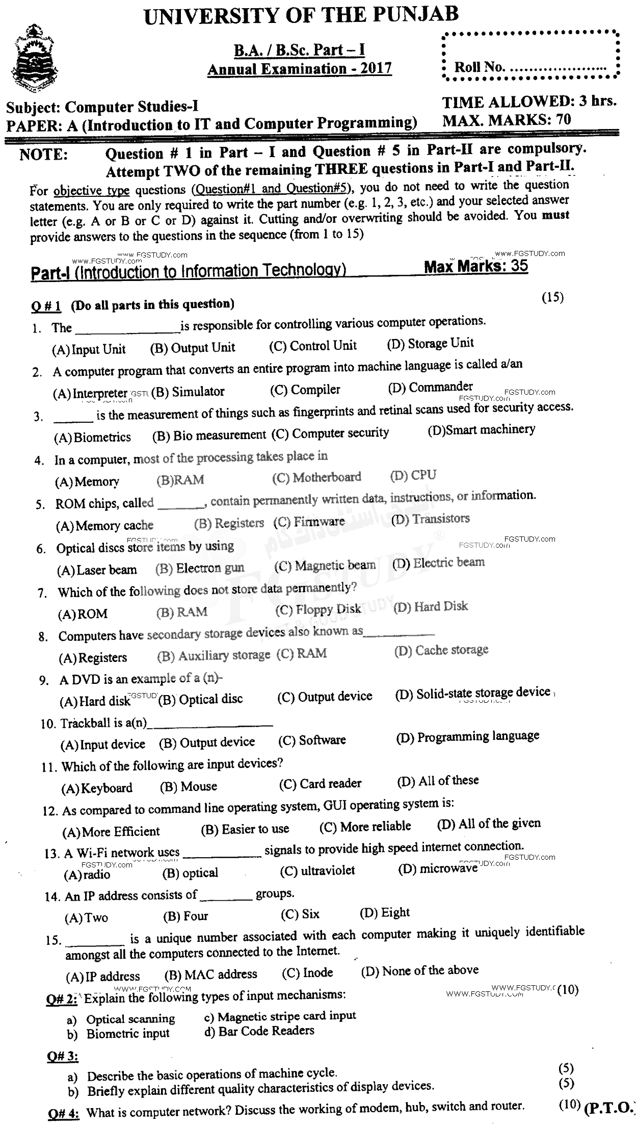 BSc Part 1 Computer Studies 1 Introduction To Information Technology And Computer Programming Past Paper 2017 Punjab University