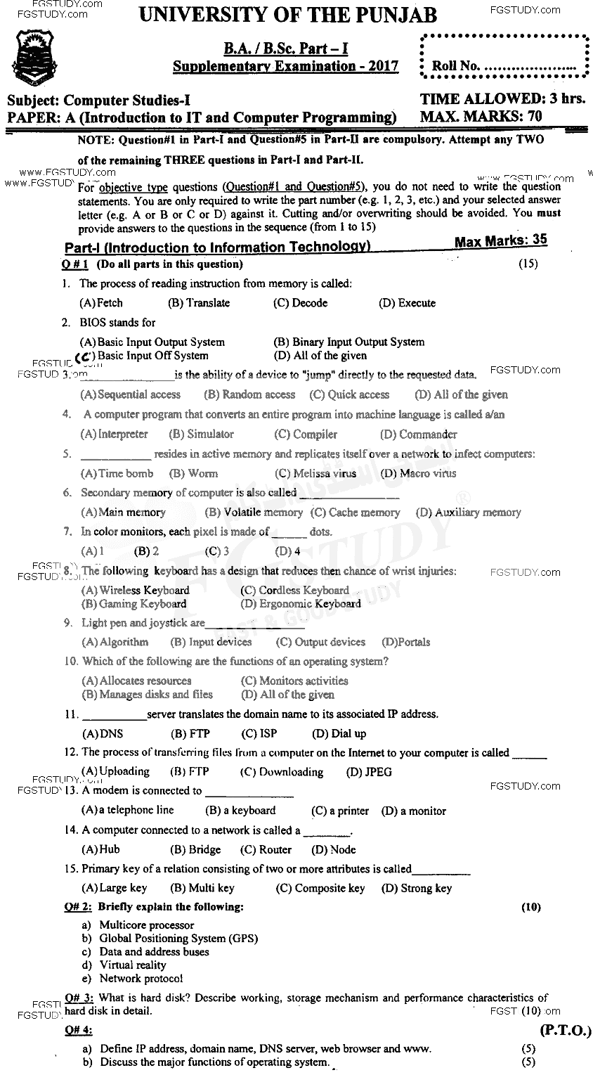 BSc Part 1 Computer Studies 1 Introduction To Information Technology And Computer Programming Past Paper 2017 Punjab University Objective