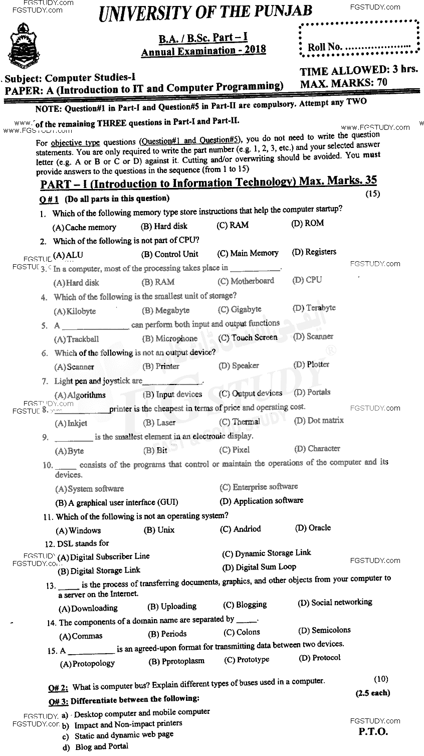 BSc Part 1 Computer Studies 1 Introduction To Information Technology And Computer Programming Past Paper 2018 Punjab University Objective
