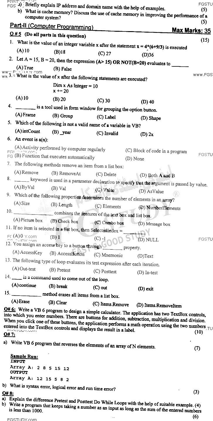 BSc Part 1 Computer Studies 1 Introduction To Information Technology And Computer Programming Past Paper 2018 Punjab University Subjective
