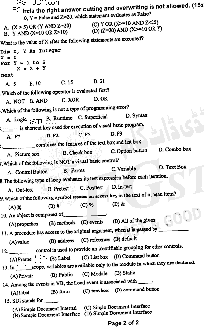BSc Part 1 Computer Studies 1 Introduction To Information Technology And Computer Programming Past Paper 2020 Punjab University Objective
