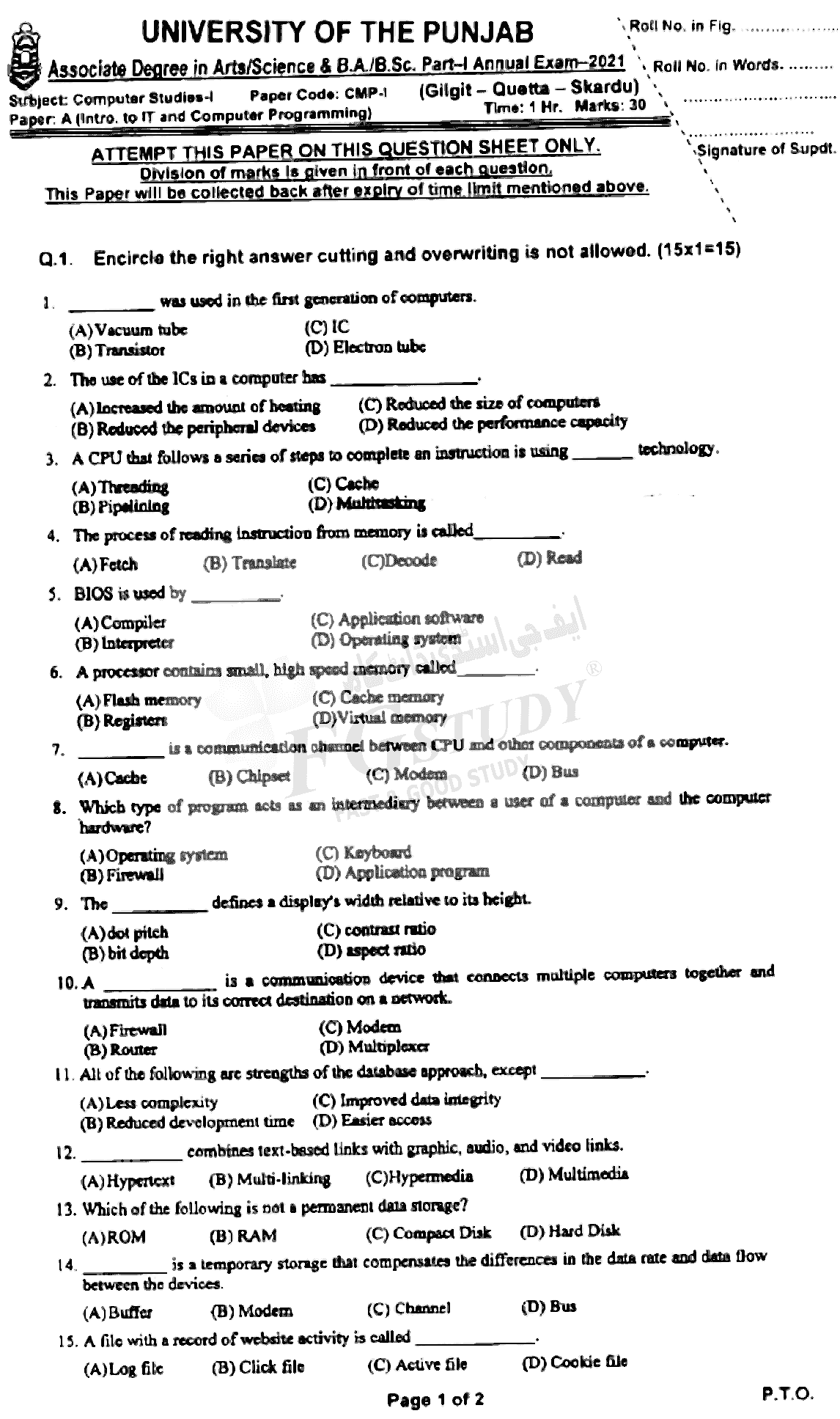 BSc Part 1 Computer Studies 1 Introduction To Information Technology And Computer Programming Past Paper 2021 Punjab University Objective