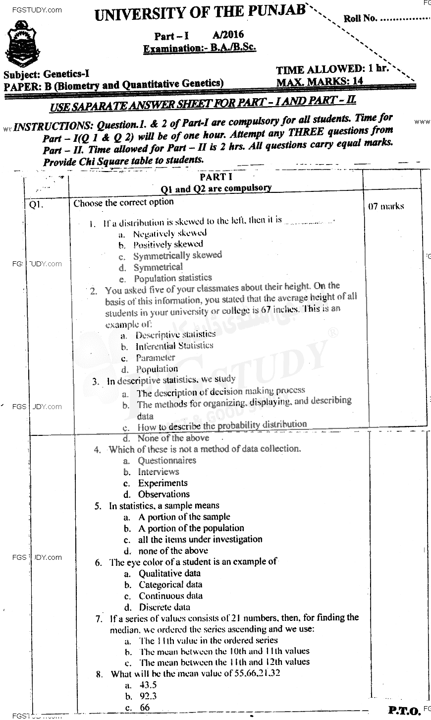 BSc Part 1 Genetics 1 Biometry And Quantitative Genetics Past Paper 2016 Punjab University Objective