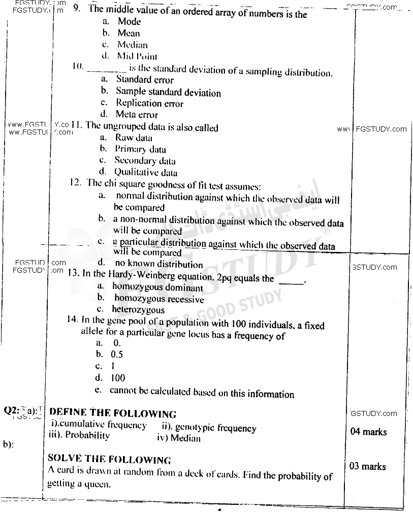 BSc Part 1 Genetics 1 Biometry And Quantitative Genetics Past Paper 2016 Punjab University Objective
